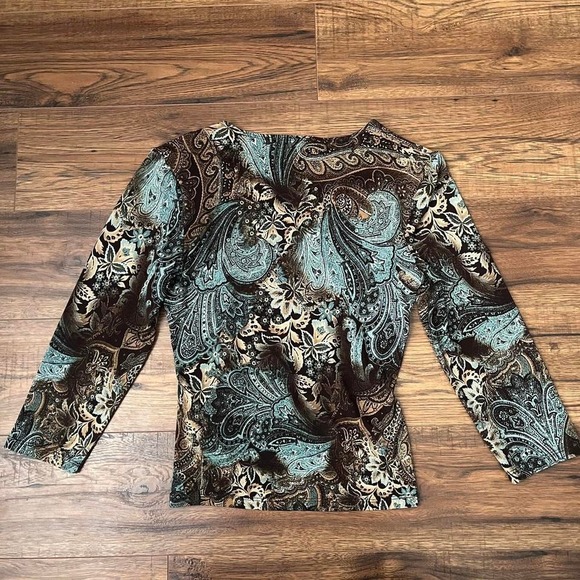 Cleo Y2K Paisley Wrap Top Brown Teal Floral Print 3/4 Sleeve Stretch Blouse S - Picture 4 of 6